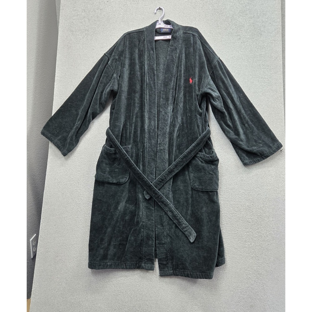 Polo Ralph Lauren Men Sleepwear L/XL Dark Gray Robe Logo Embroidered Fleece